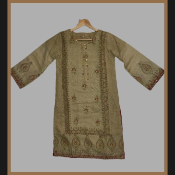 Block printed Khaddi Net shirt embellished with sequences & beads in size Medium